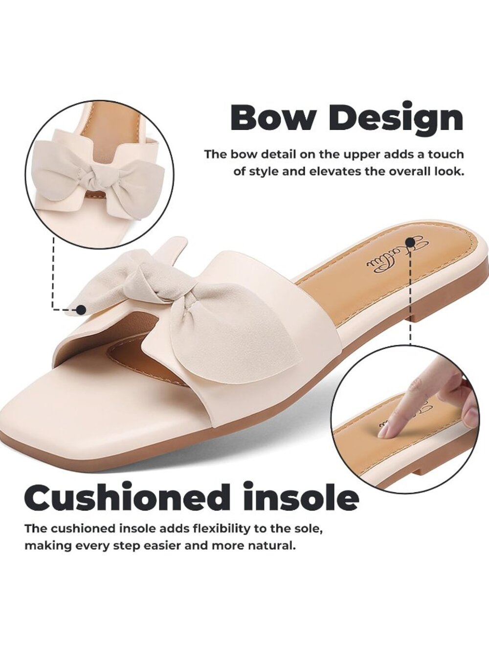 Women's Beige Summer comfort Square Open Toe Bow Bridal Slide Flat Sandals - Picture 4 of 7
